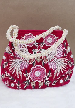 Hand Embroidered Velvet Potli Bag in Fuchsia