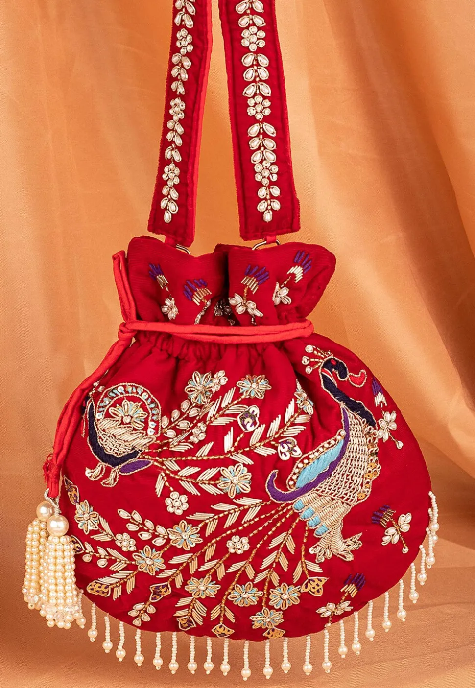 Hand Embroidered Velvet Potli Bag in Red