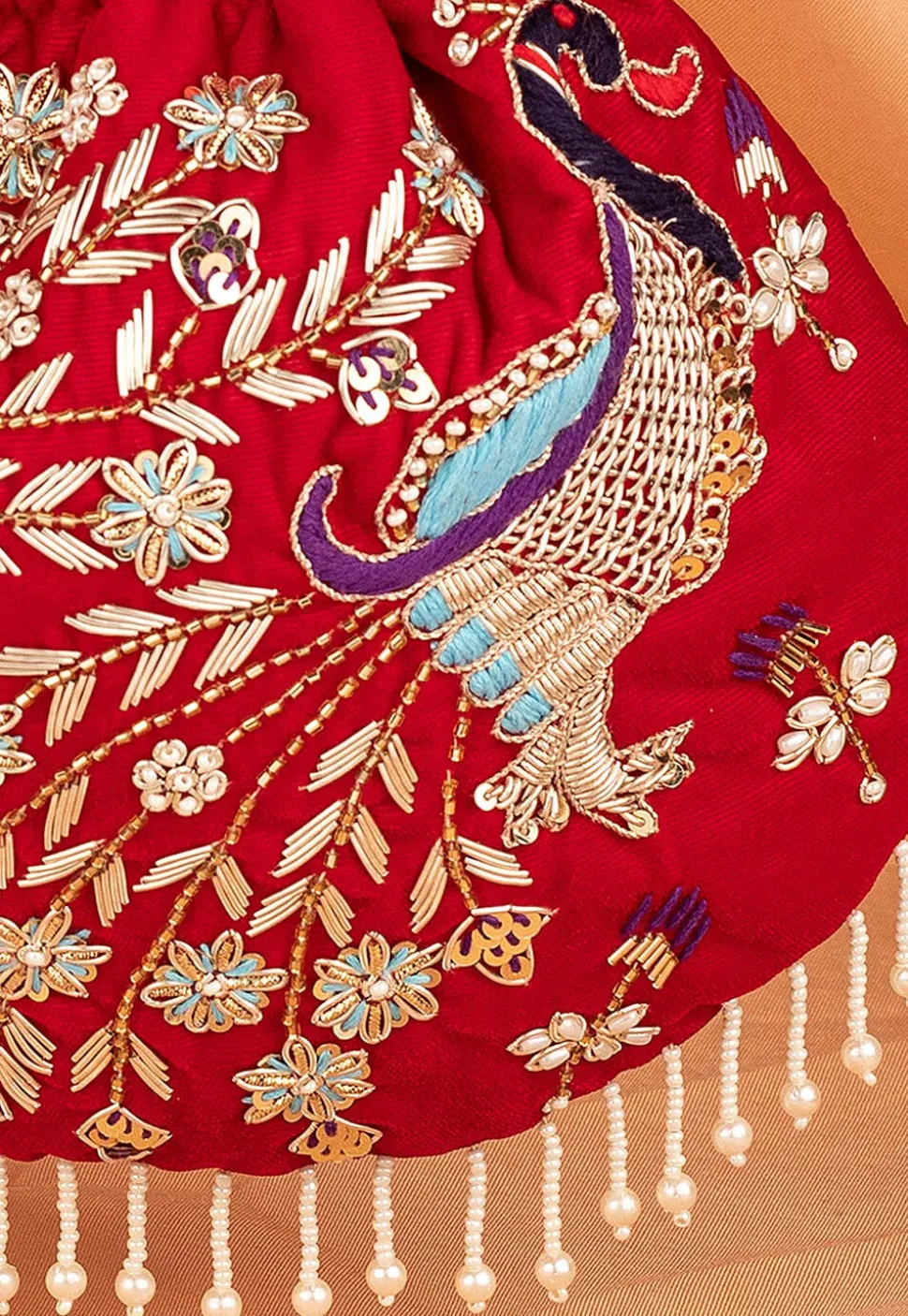 Hand Embroidered Velvet Potli Bag in Red