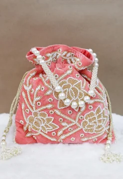 Hand Embroidered Velvet Potli Bag in Peach