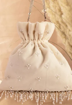 Hand Embroidered Velvet Potli Bag in Off White