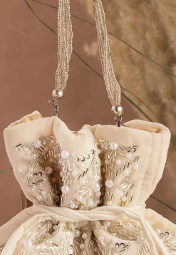 Hand Embroidered Velvet Potli Bag in Off White
