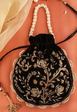 Hand Embroidered Velvet Potli Bag in Black