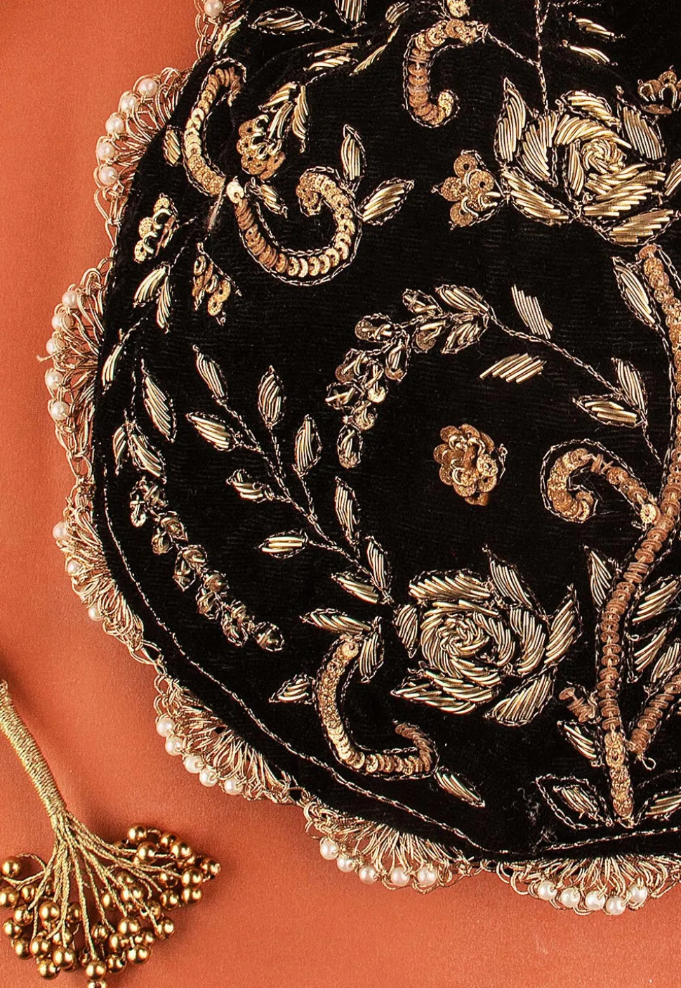 Hand Embroidered Velvet Potli Bag in Black