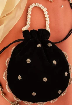 Hand Embroidered Velvet Potli Bag in Black