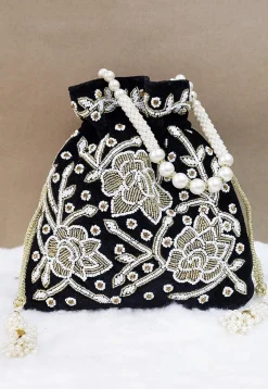 Hand Embroidered Velvet Potli Bag in Black