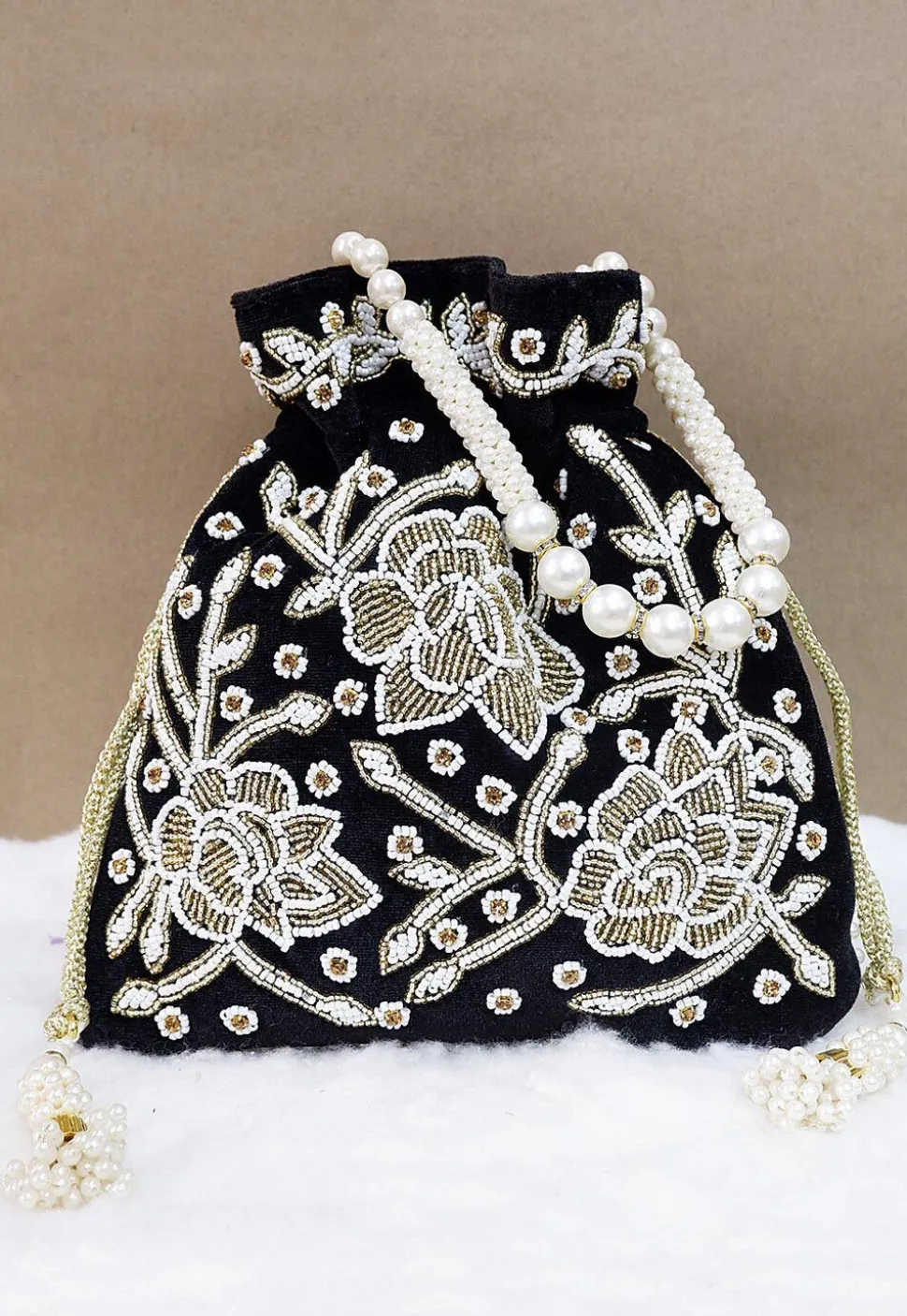 Hand Embroidered Velvet Potli Bag in Black
