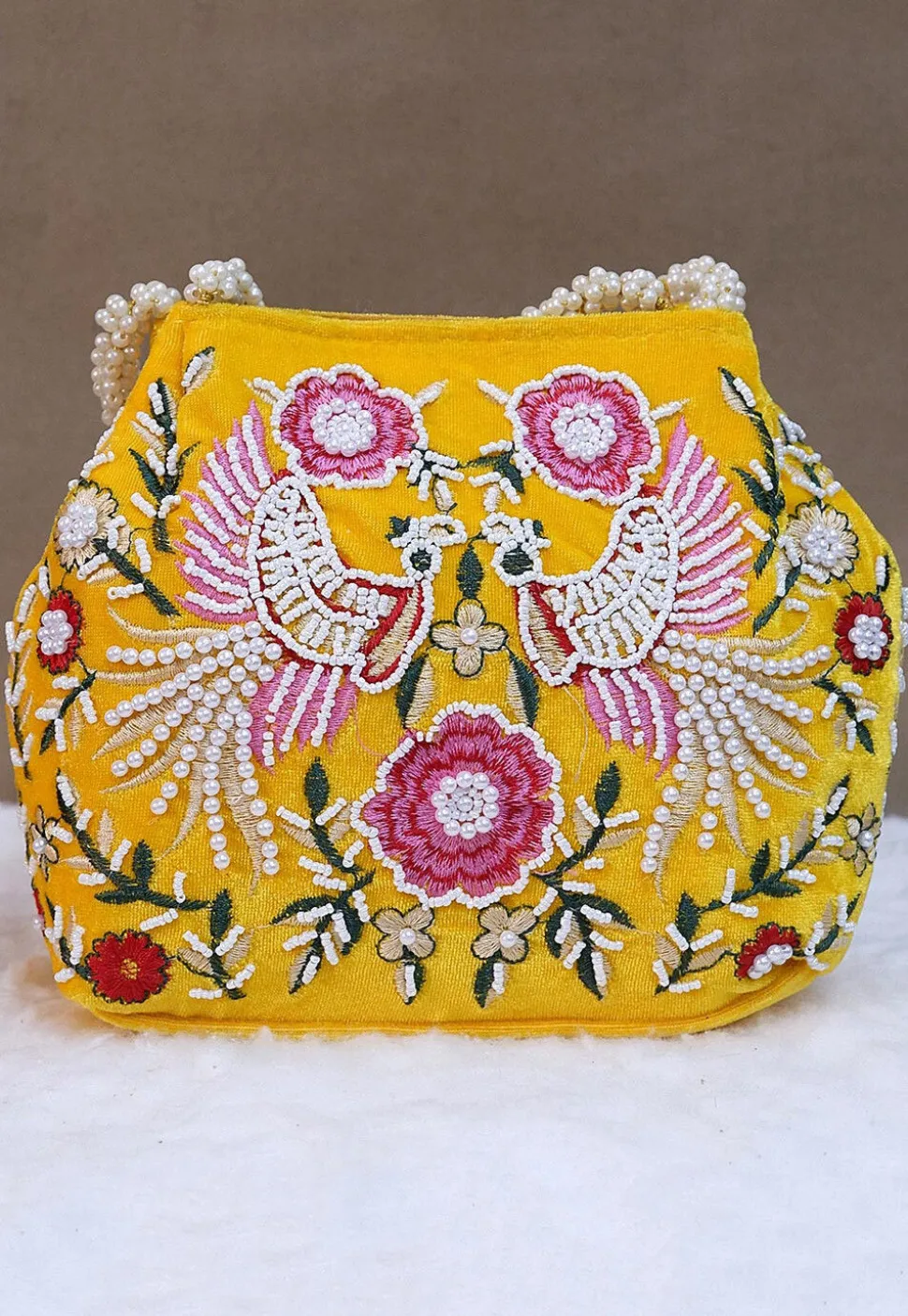Hand Embroidered Velvet Potli Bag in Yellow