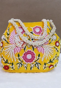 Hand Embroidered Velvet Potli Bag in Yellow
