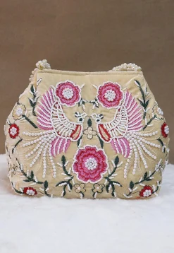 Hand Embroidered Velvet Potli Bag in Beige