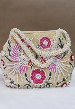 Hand Embroidered Velvet Potli Bag in Beige