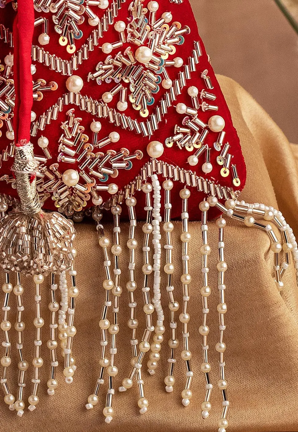 Hand Embroidered Velvet Potli Bag in Red