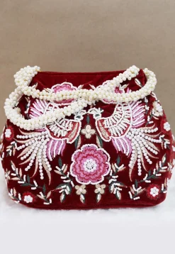 Hand Embroidered Velvet Potli Bag in Maroon