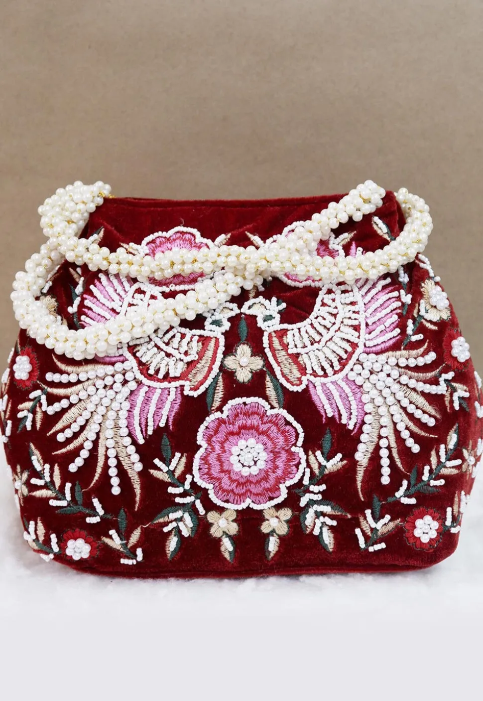 Hand Embroidered Velvet Potli Bag in Maroon