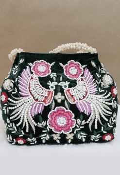 Hand Embroidered Velvet Potli Bag in Dark Green