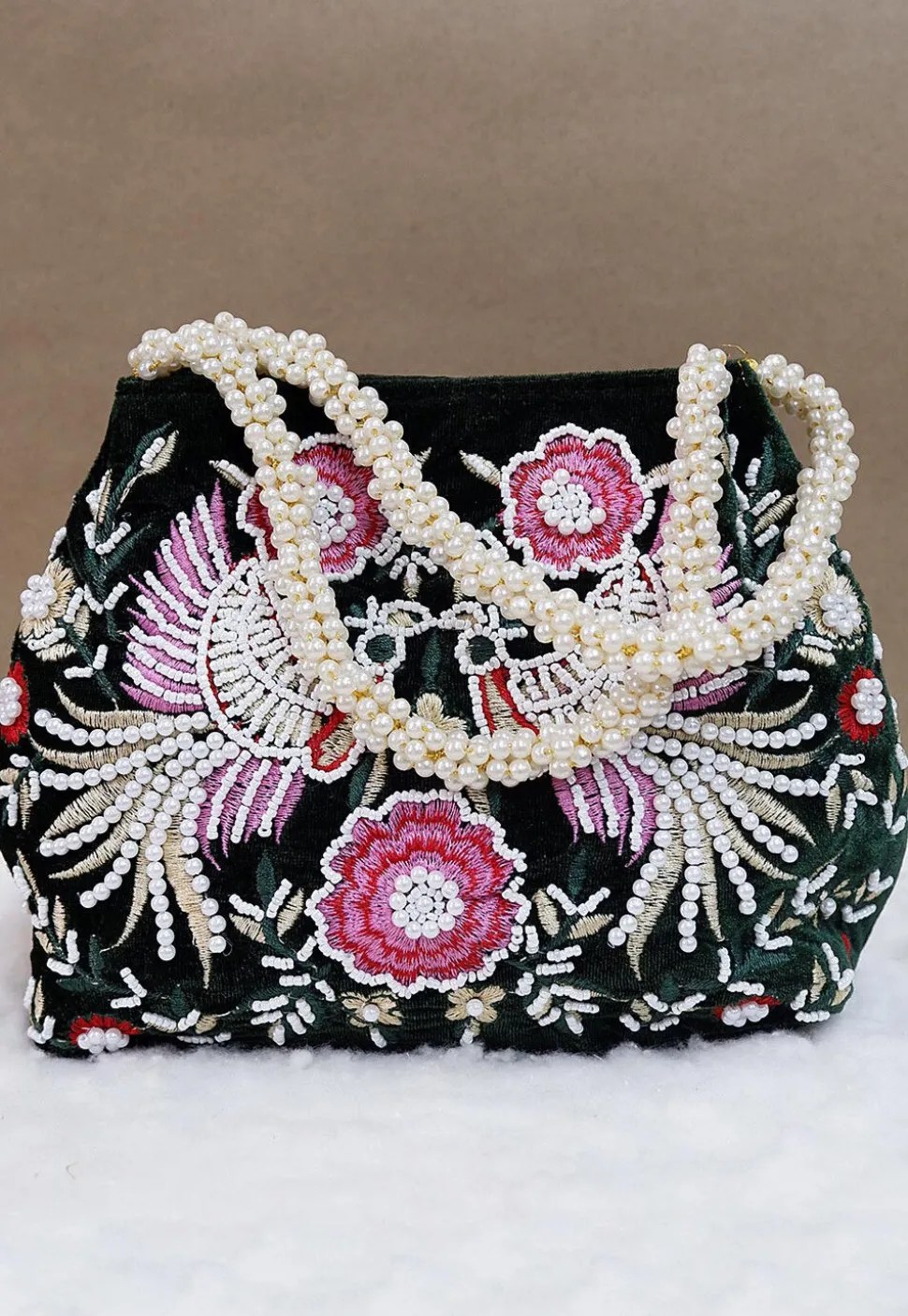 Hand Embroidered Velvet Potli Bag in Dark Green