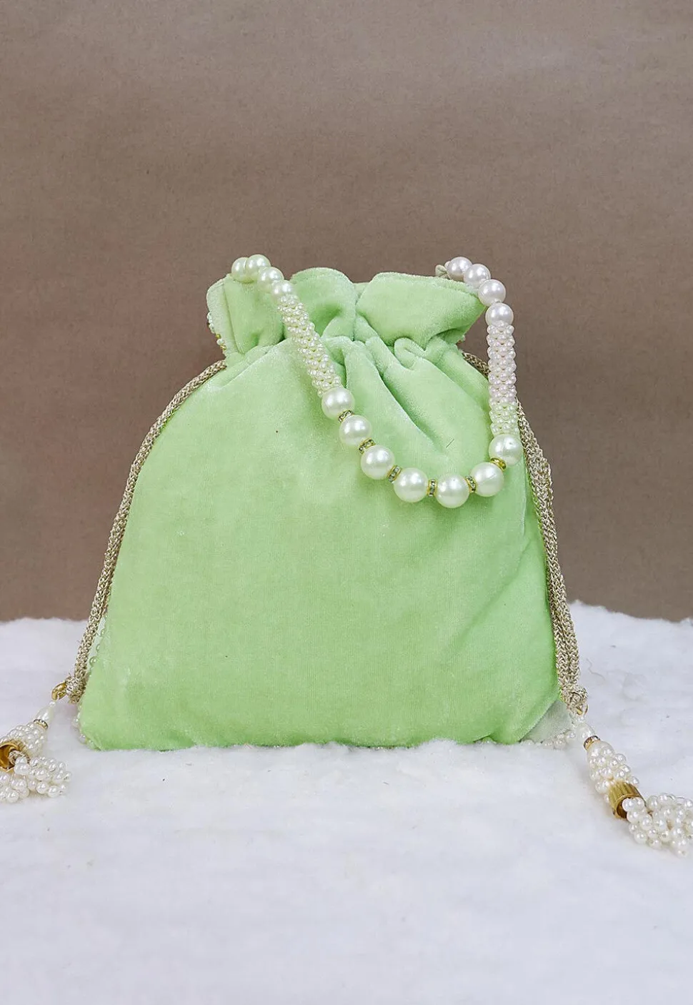 Hand Embroidered Velvet Potli Bag in Pastel Green
