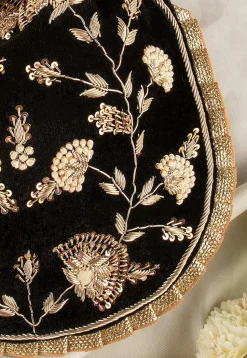 Hand Embroidered Velvet Potli Bag in Black