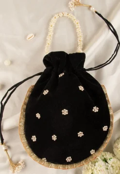 Hand Embroidered Velvet Potli Bag in Black