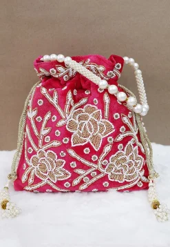 Hand Embroidered Velvet Potli Bag in Fuchsia