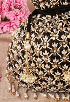 Hand Embroidered Velvet Potli Bag in Black