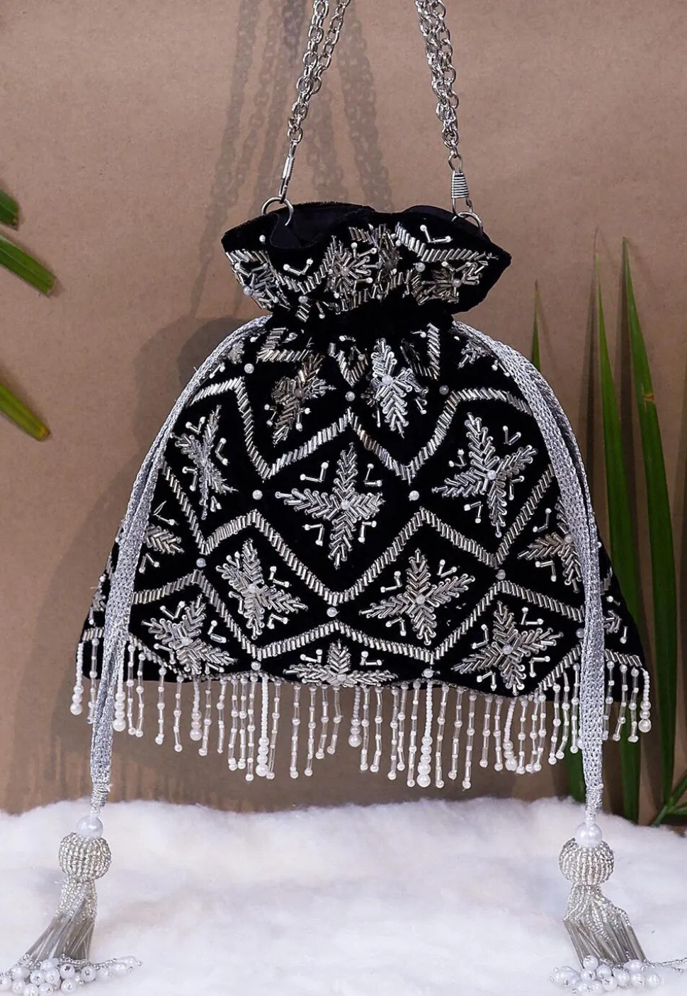 Hand Embroidered Velvet Potli Bag in Black