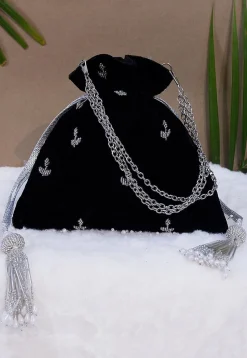 Hand Embroidered Velvet Potli Bag in Black