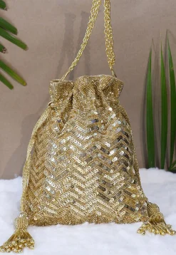 Hand Embroidered Velvet Potli Bag in Golden