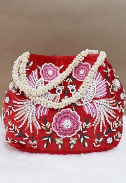 Hand Embroidered Velvet Potli Bag in Red