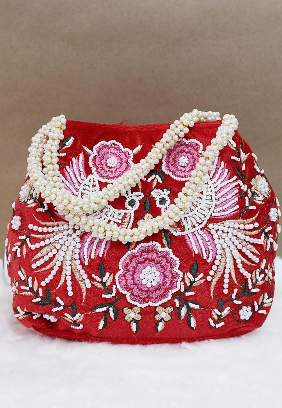 Hand Embroidered Velvet Potli Bag in Red