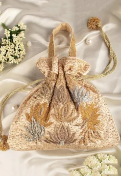 Hand Embroidered Velvet Potli Bag in Light Beige