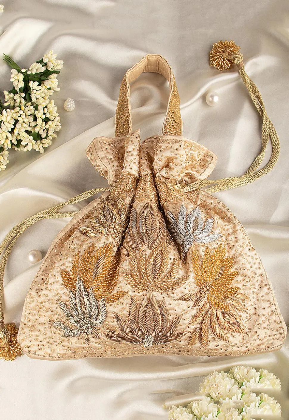 Hand Embroidered Velvet Potli Bag in Light Beige