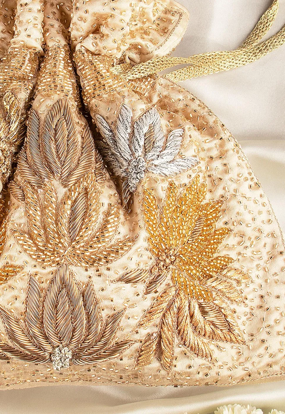 Hand Embroidered Velvet Potli Bag in Light Beige