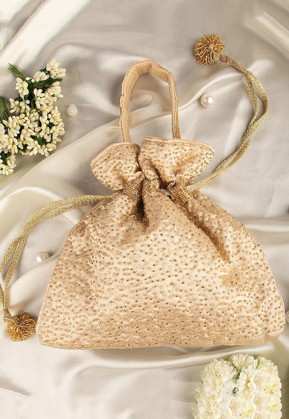 Hand Embroidered Velvet Potli Bag in Light Beige