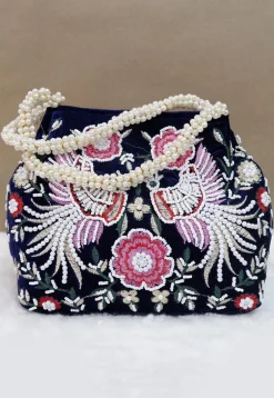 Hand Embroidered Velvet Potli Bag in Navy Blue