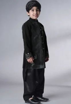 Hand Embroidered Velvet Sherwani Set in Black