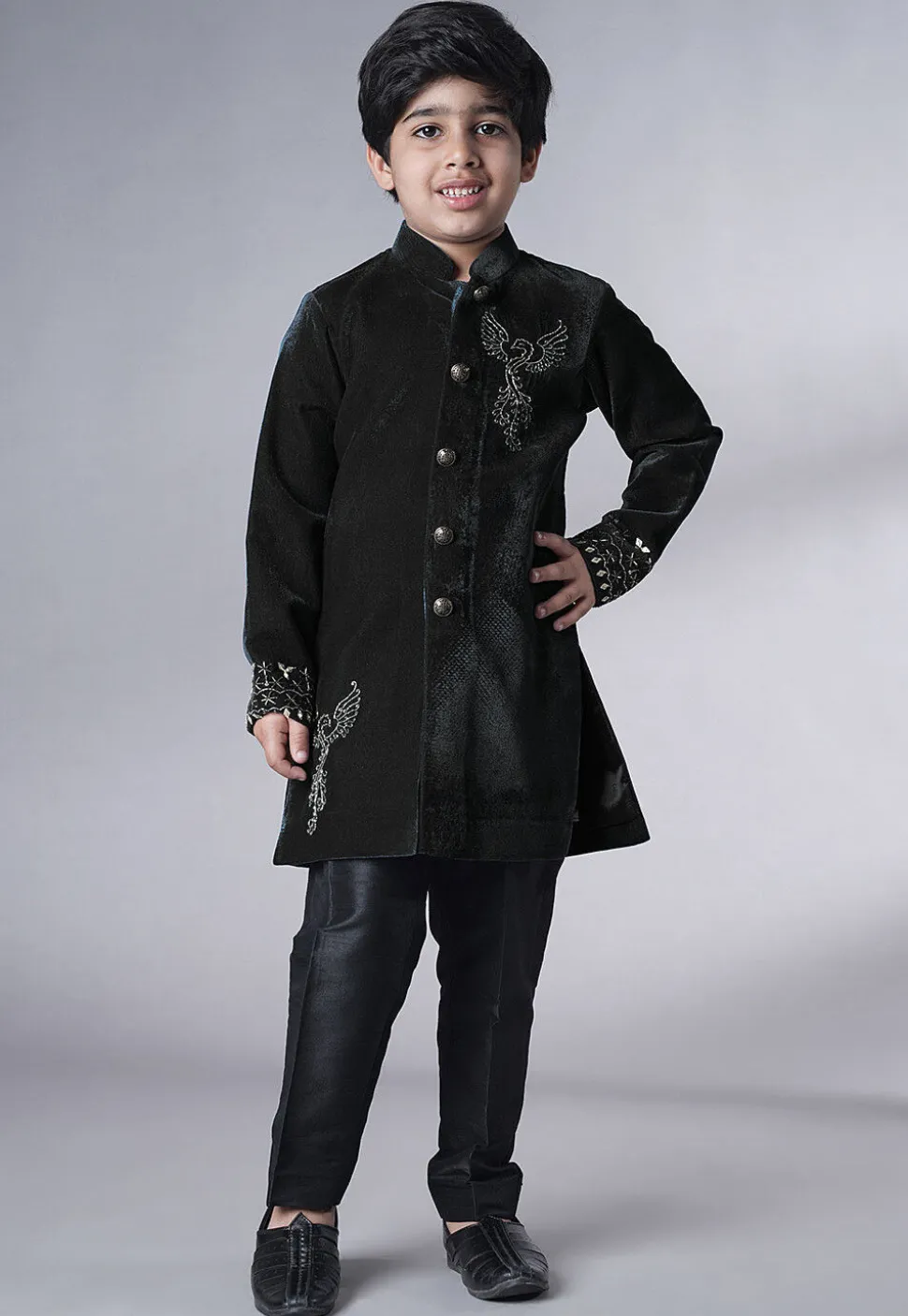 Hand Embroidered Velvet Sherwani Set in Black