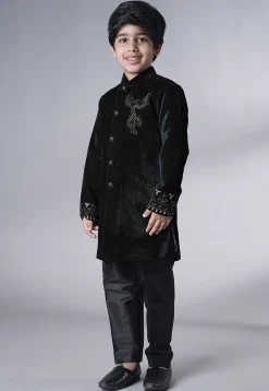 Hand Embroidered Velvet Sherwani Set in Black