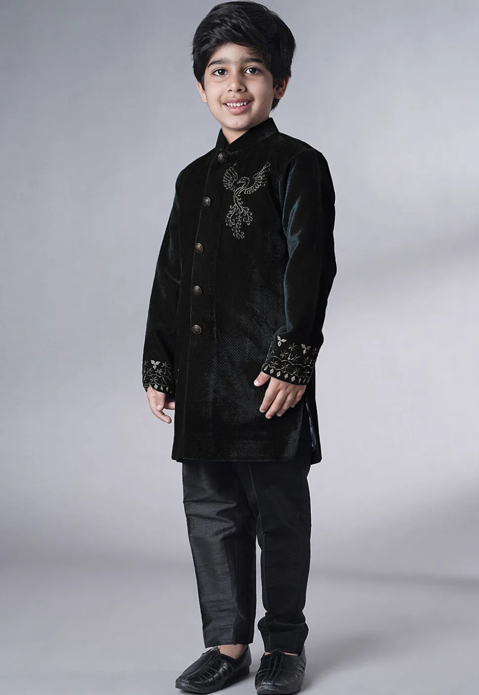 Hand Embroidered Velvet Sherwani Set in Black