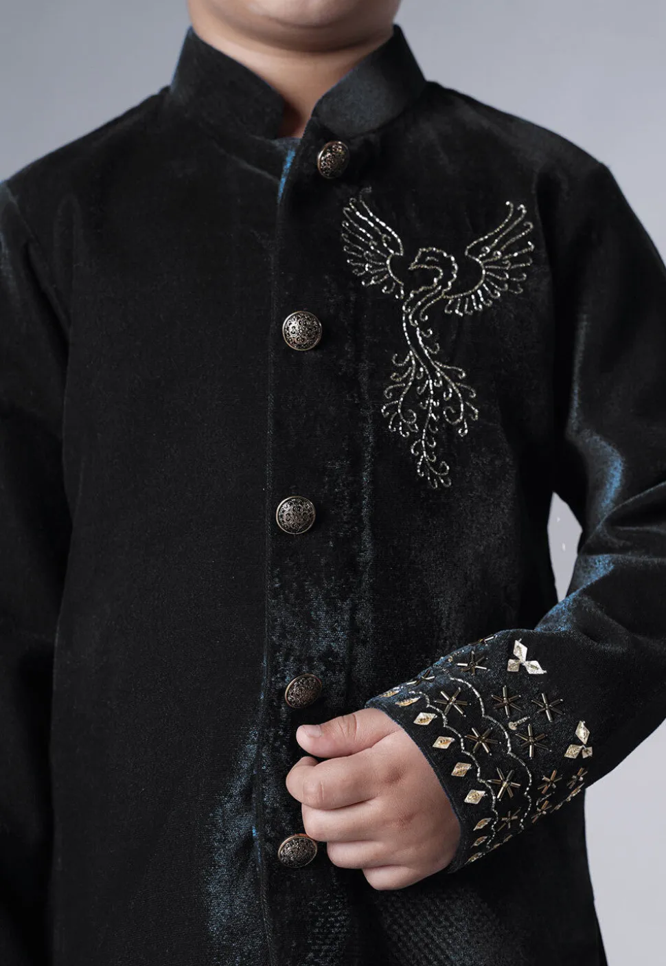 Hand Embroidered Velvet Sherwani Set in Black
