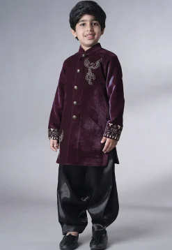 Hand Embroidered Velvet Sherwani Set in Wine