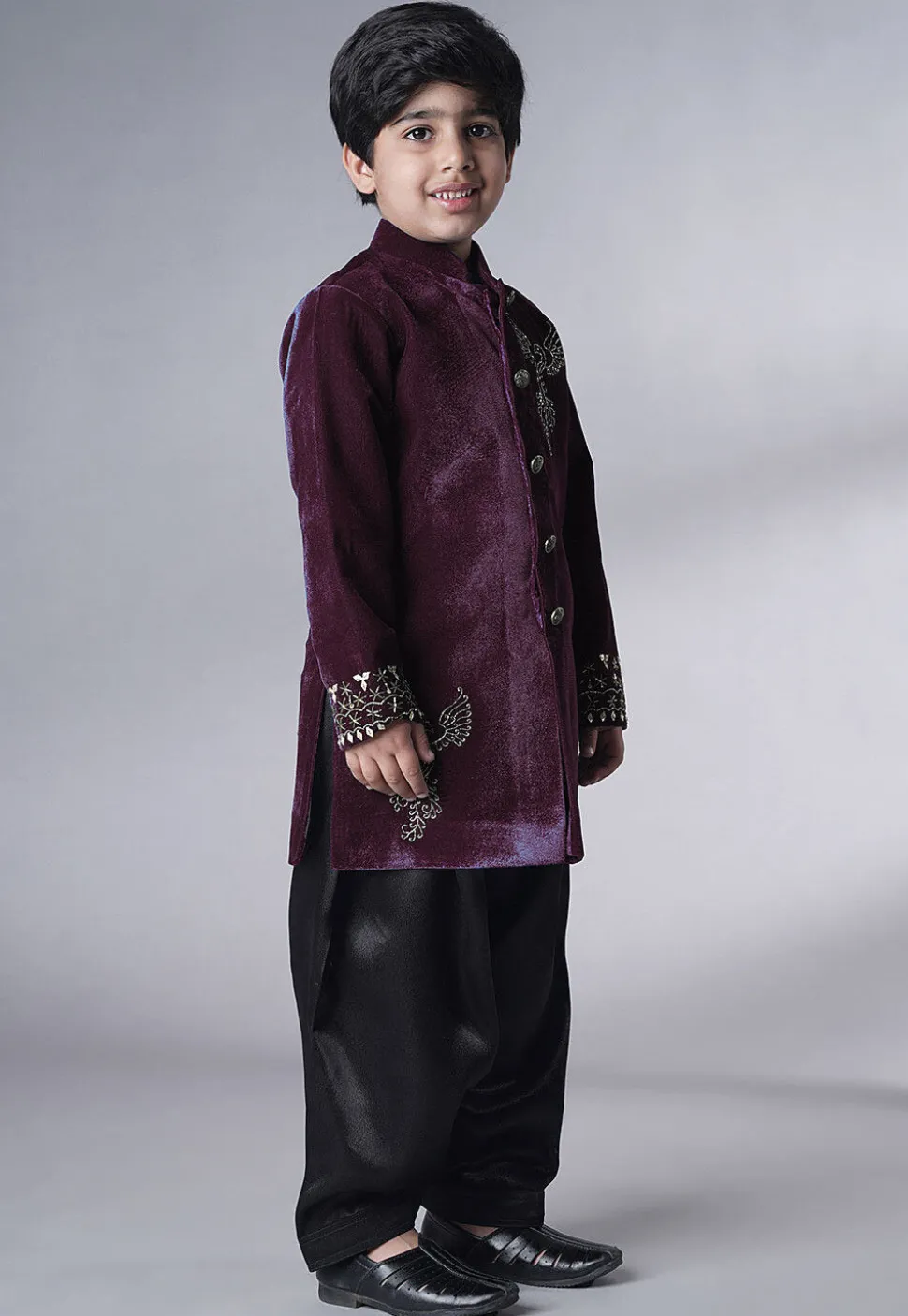 Hand Embroidered Velvet Sherwani Set in Wine