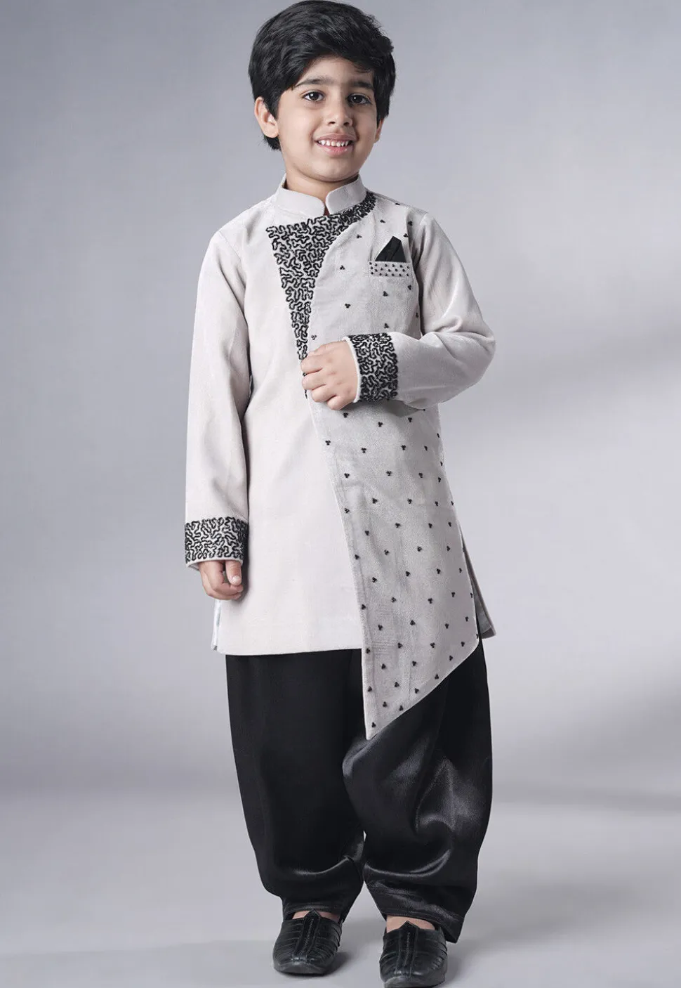Hand Embroidered Velvet Sherwani Set in Grey