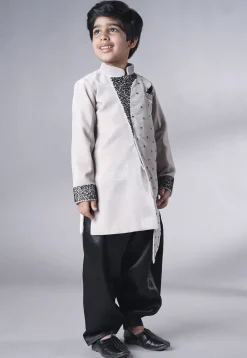Hand Embroidered Velvet Sherwani Set in Grey