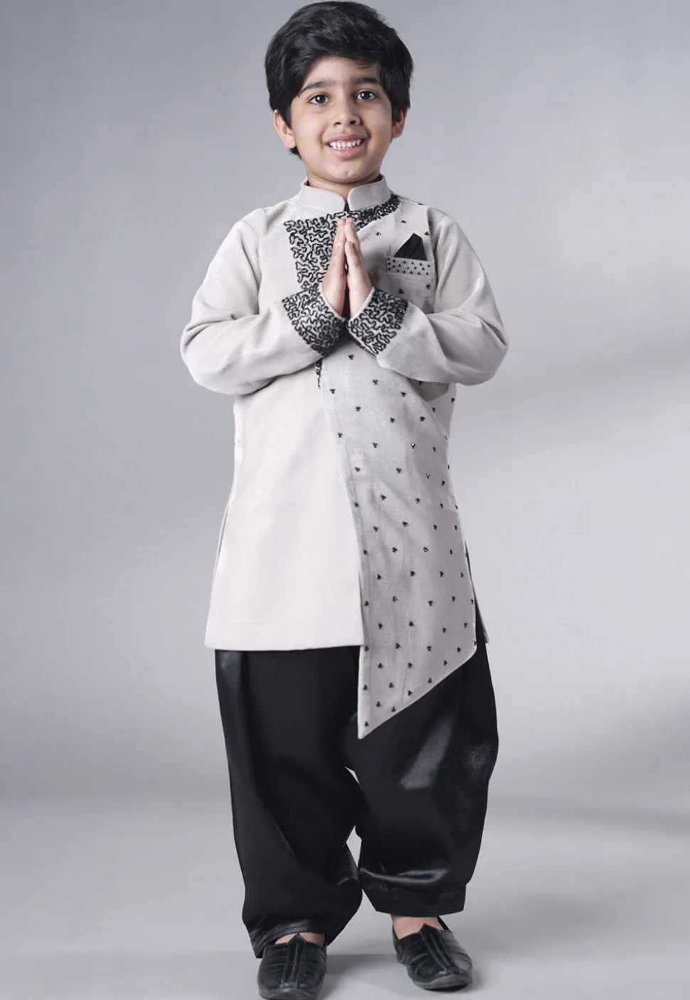 Hand Embroidered Velvet Sherwani Set in Grey