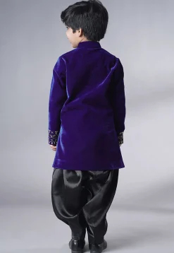 Hand Embroidered Velvet Sherwani Set in Dark Violet