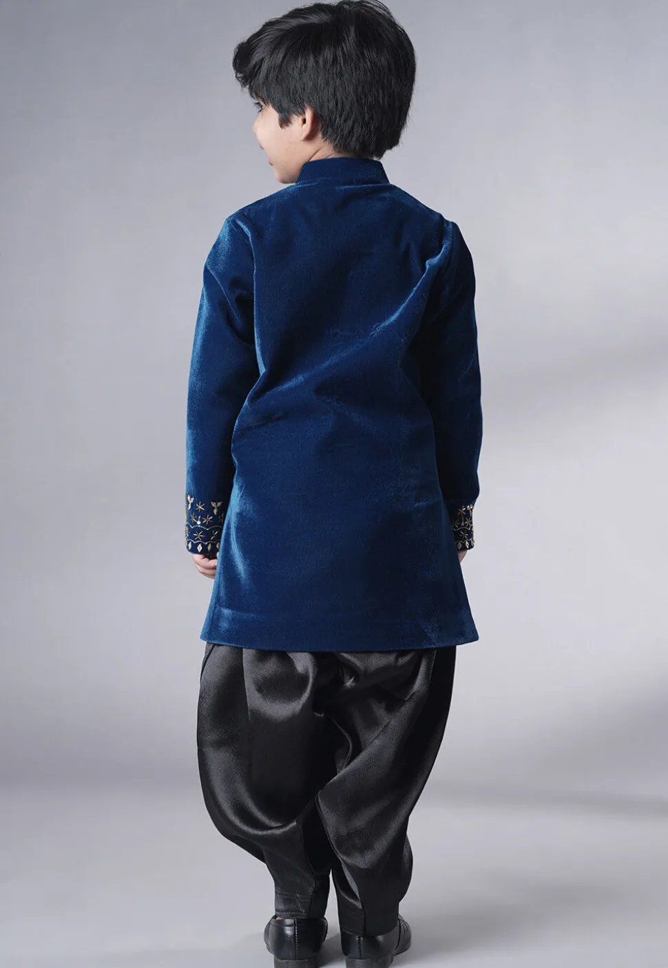 Hand Embroidered Velvet Sherwani Set in Teal Blue