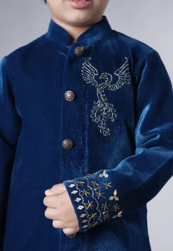 Hand Embroidered Velvet Sherwani Set in Teal Blue