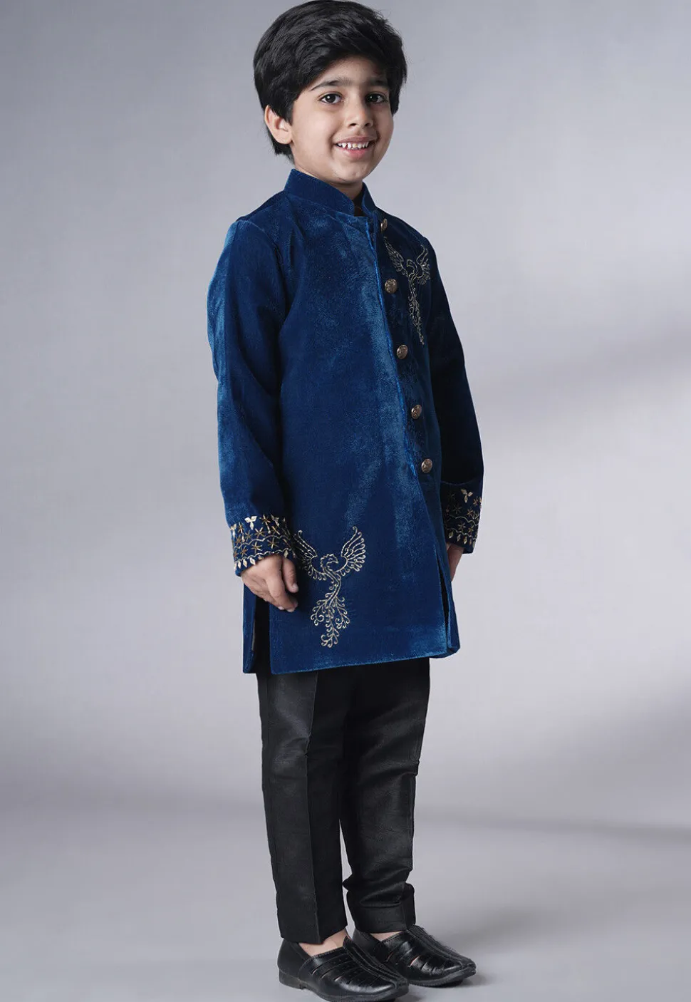 Hand Embroidered Velvet Sherwani Set in Teal Blue