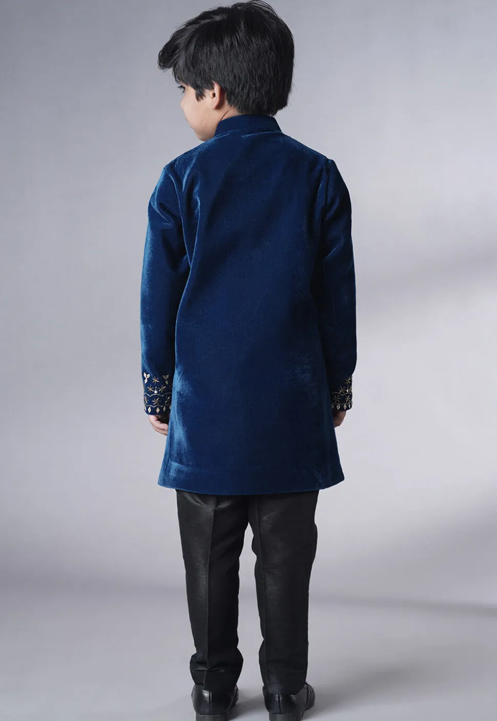 Hand Embroidered Velvet Sherwani Set in Teal Blue